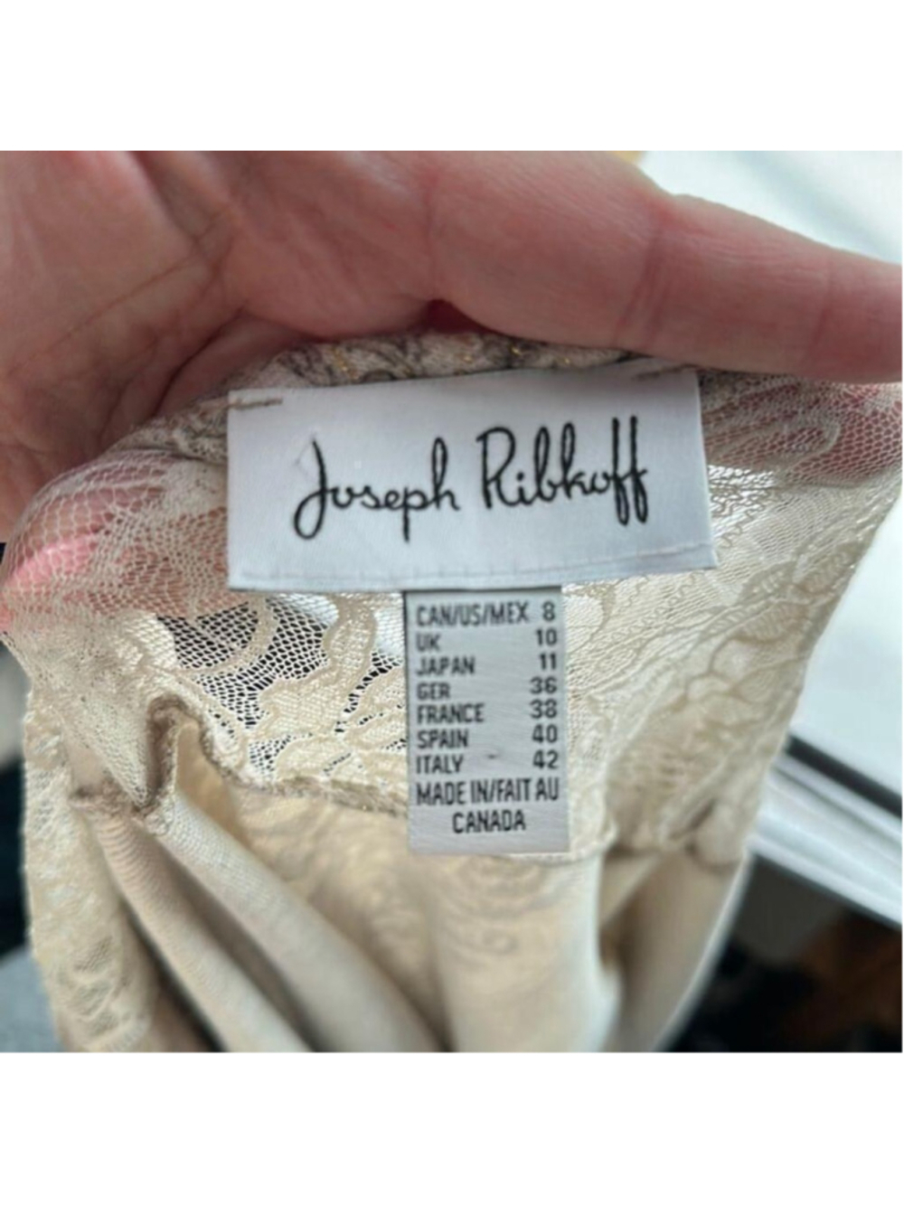 Joseph Ribkoff cardigan taupe gold lace open front pattern stretch unique sz 8 - Picture 4 of 11